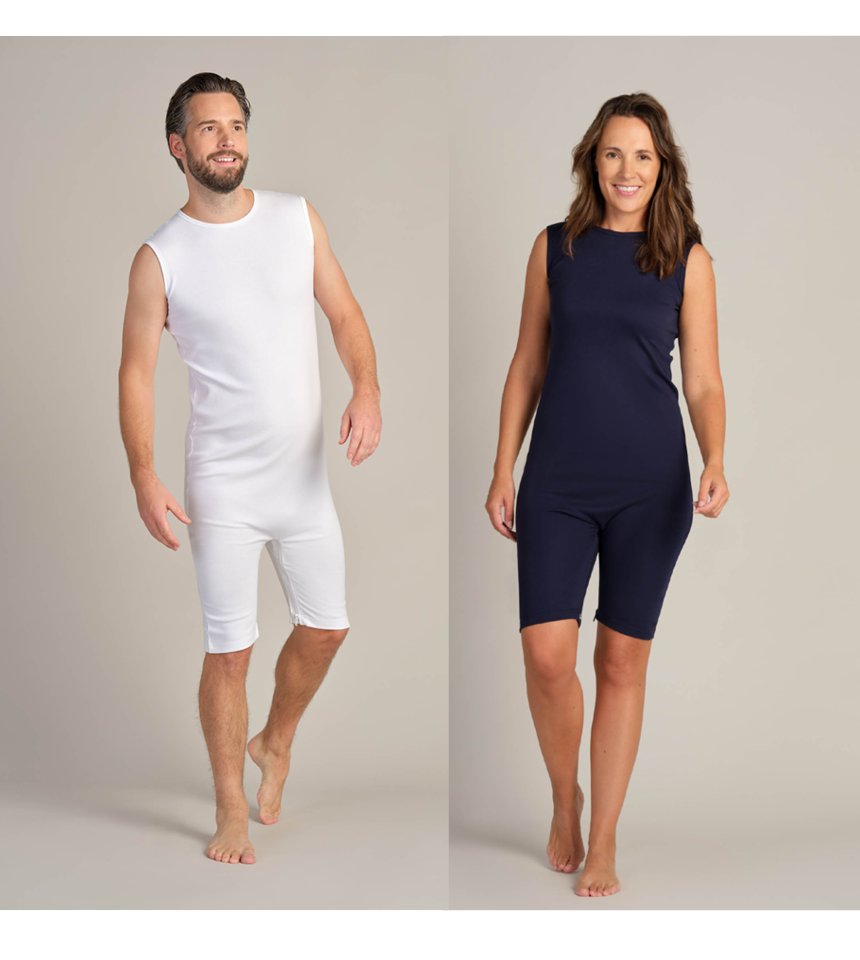 Overall unisex utan ärm med dragkedja i gren och rygg 2050 blå och vit