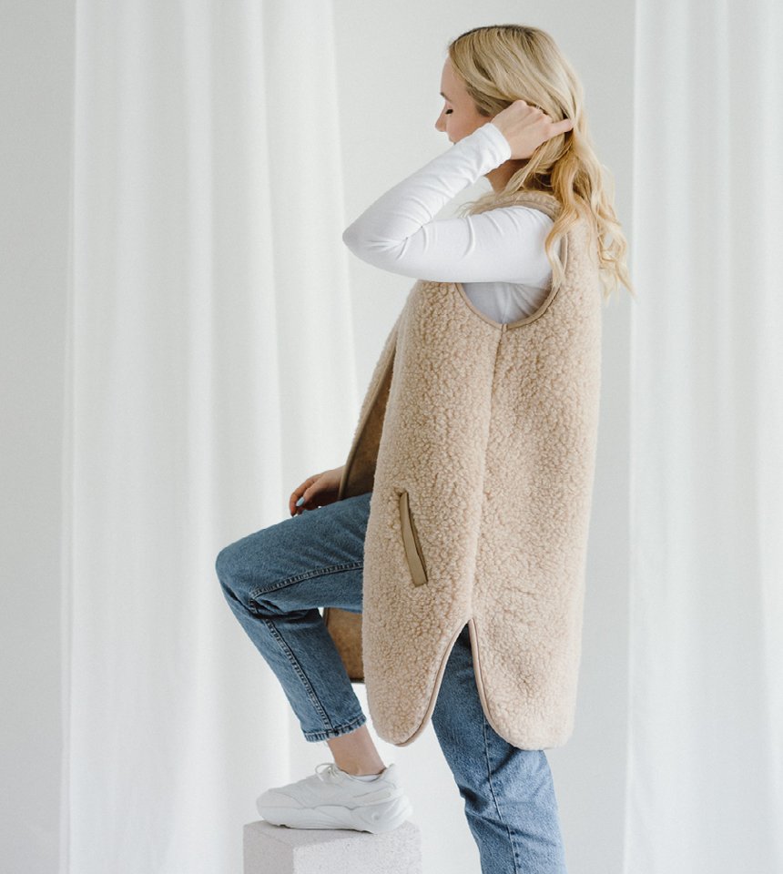 väst merino ull pearl lång fickor